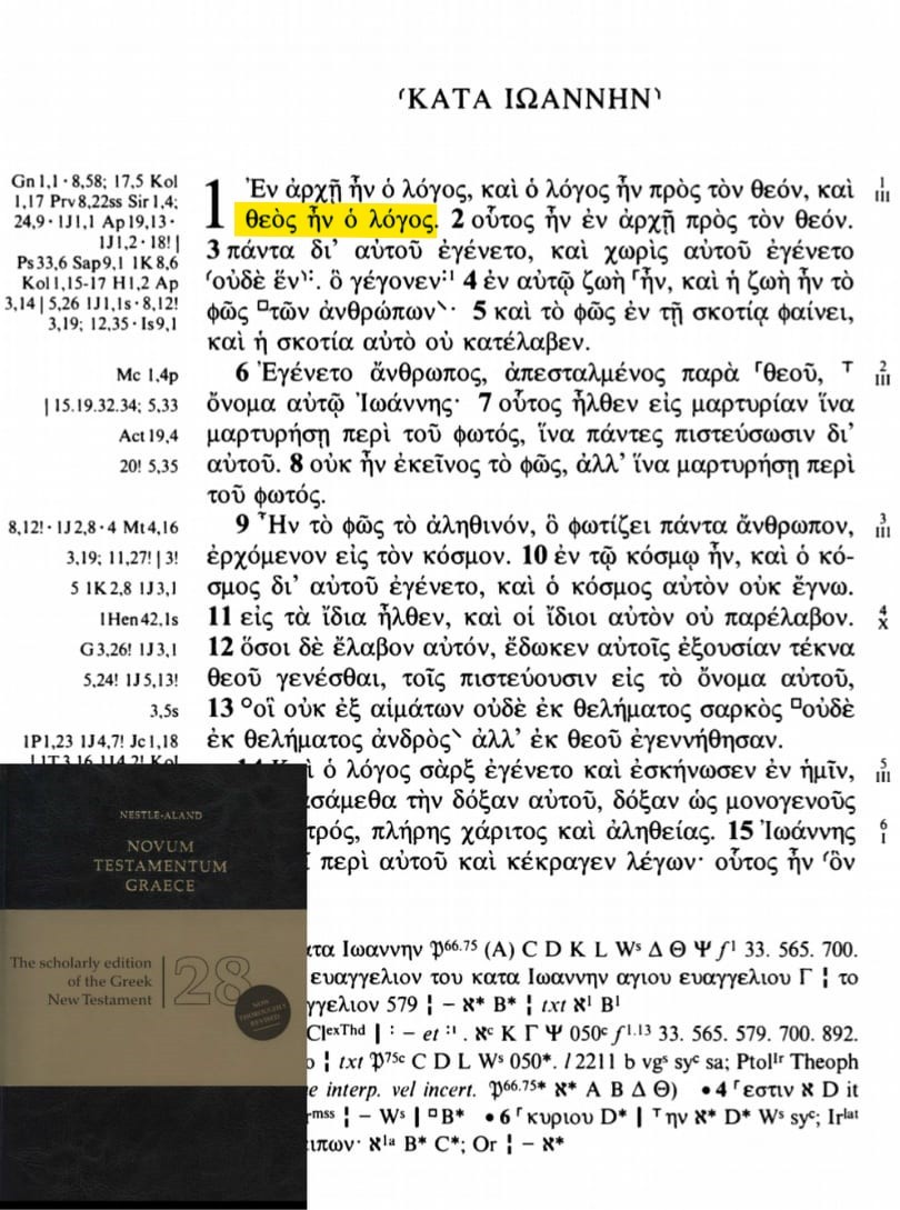 نسخة نستل الآلند 28 [11Ἐν ἀρχῇ ἦν ὁ λόγος, καὶ ὁ λόγος ἦν πρὸς τὸν θεόν, καὶ θεὸς ἦν ὁ λόγος. 2οὗτος ἦν ἐν ἀρχῇ πρὸς τὸν θεόν. 3πάντα δι’ αὐτοῦ ἐγένετο, καὶ χωρὶς αὐτοῦ ἐγένετο οὐδὲ ἕν. ὃ γέγονεν] أتت نكره أيضا - والكلمة كانت إله