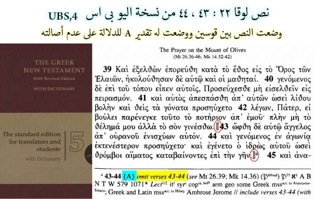 نسخة اليو بى اس UBS اختارت بيقين قراءة حذف نص لوقا 22 /43-44 وظهر له ملاك ليقويه [ A ] ؛ وبالرغم من ذلك وضعت النص بين قوسين للدلالة على عدم أصالته