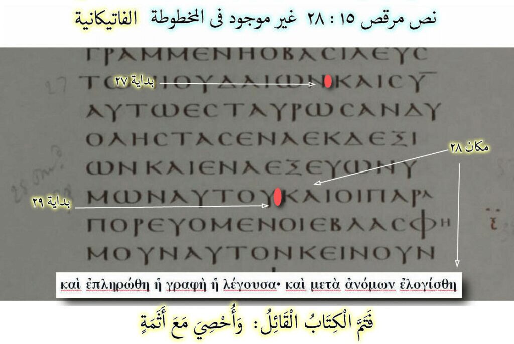 ن تحريف نص مرقس 15 : 28 أحصى مع أثمة، أن النص غير موجود في المخطوطة الفاتيكانية