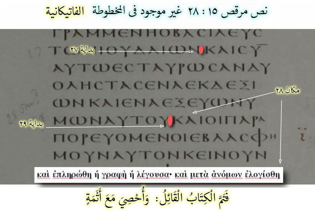 ن تحريف نص مرقس 15 : 28 أحصى مع أثمة، أن النص غير موجود في المخطوطة الفاتيكانية